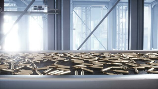 Bullet production, factory. Production line. War concept. Realistic 4k animation.