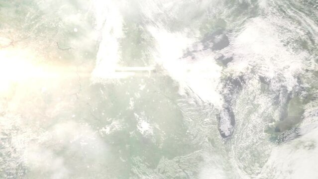 Earth zoom in from space and focus on New Brighton, Minnesota, USA. 3D Animation. Satellite view. Background for travel intro. Images from NASA
