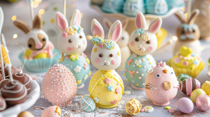 A variety of Easterthemed cake pops each handdecorated with intricate designs of bunnies chicks and eggs is displayed on a table with a banner reading Hop on down for some - obrazy, fototapety, plakaty