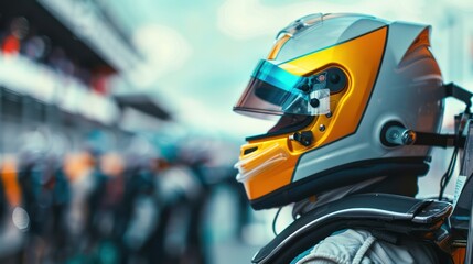 Close-up of a car racer donning his racing helmet, poised before the competition on the track. Banner with copy space