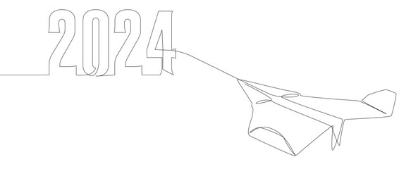 One continuous line of Paper Airplane with number 2024. Thin Line Illustration vector concept. Contour Drawing Creative ideas.