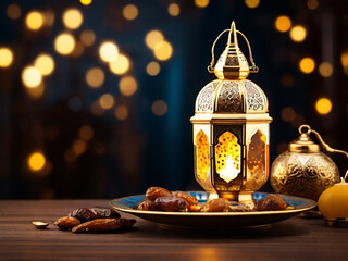 Fototapeta na wymiar Arabic lantern with dates, Ramadan kareem, Ied Mubarok, Happy Iftar