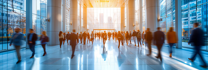 Open lobby-office space. . Modern architecture. Lots of natural light. Office workers walking - silhouette effect -high-end expensive business suits. Blurred image. Motion blur  - golden hour - obrazy, fototapety, plakaty