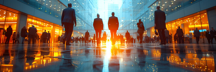 Open lobby-office space. . Modern architecture. Lots of natural light. Office workers walking - silhouette effect -high-end expensive business suits. Blurred image. Motion blur - golden hour - obrazy, fototapety, plakaty