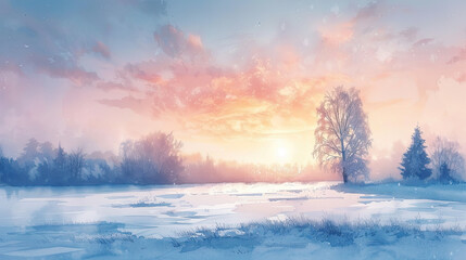 Obraz na płótnie Canvas A soft pastel sunrise casts a gentle glow over a serene snowy landscape, highlighting the stillness of a winter's dawn. 