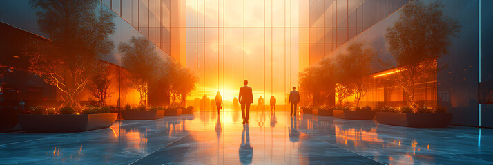 Open lobby-office space. . Modern architecture. Lots of natural light. Office workers walking - silhouette effect -high-end expensive business suits. Blurred image. Motion blur  - golden hour - obrazy, fototapety, plakaty