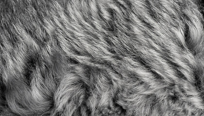 Black and white animal wool texture background, grey natural mink wool, close-up texture of plush dark fur - obrazy, fototapety, plakaty