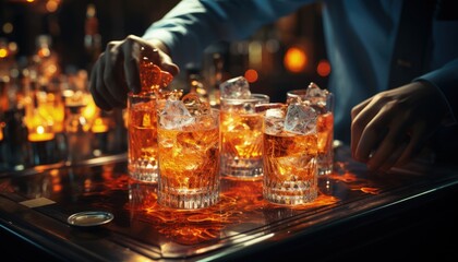 A detailed view of a mixologist preparing a cocktail