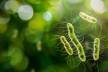 Naklejka premium Macro Close-up Group of Germs and Bacteria in Water Disease Medical concept background. Generative AI