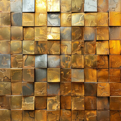 A wall of golden metallic tiles texture creates a luxurious and contemporary design element.