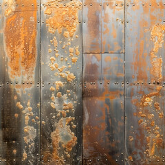 Aged rusty metal panel with rivets, showing details of industrial decay and old construction.