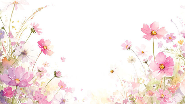 白背景に温かみのあるコスモス畑の水彩イラスト