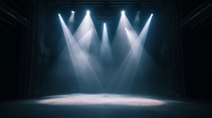 Artistic performances stage light background with spotlight illuminated the stage. Empty podium, smoke