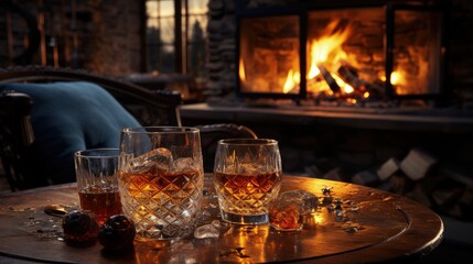 Fototapeta na wymiar A cozy fireplace setting with a glass of brandy