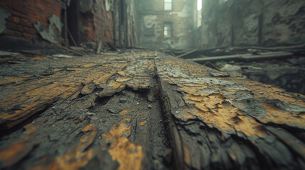 Texture of decaying wood splintered and worn down by time and neglect in an abandoned warehouse. - obrazy, fototapety, plakaty