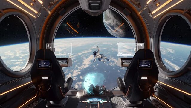 spaceship interior with view on earth 3D rendering. space background illustration. seamless looping overlay 4k virtual video animation background 