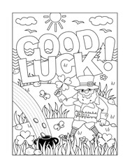 St. Patrick's Day "Good Luck!" greeting coloring page, poster, sign or banner black and white activity sheet 

