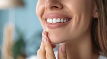 A Caucasian woman's beautiful teeth are shown in a close-up as she touches her chin with her hand