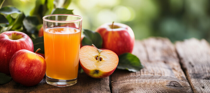 Freshly squeezed apple juice in glass with ripe apples and copy space