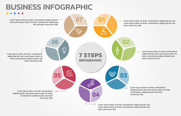 Visual data presentation. Cycle diagram with 7 options. Pie Chart Circle infographic template with 7 steps, options, parts, segments. Business concept. Marketing infographic vector illustration.