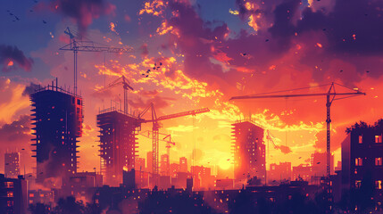 City Sunset Painting With Birds Flying