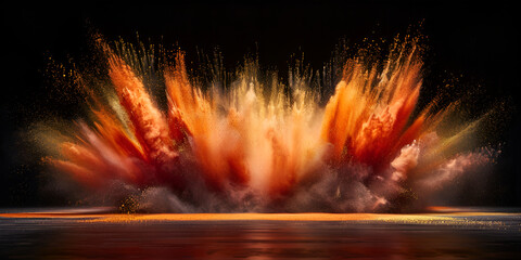 Abstract orange , red , yellow dust powder explosion black background  
