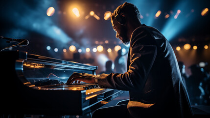 Fototapeta na wymiar Musical Moment: Candid Shot of Pianist on Stage, Emphasizing the Details of the Keyboard Body