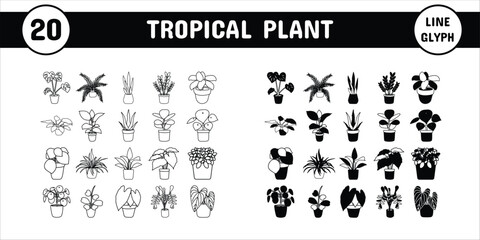 Tropical Line Glyph Plant Vector Illustration Icon Sticker Set Design Materials