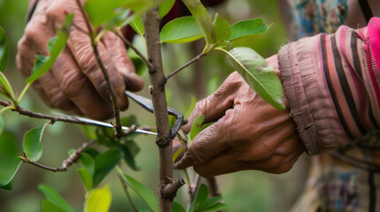 The closeup shot shows a farmers face concentrating intently as they use a small blade to precisely trim the branches of a young pear tree a task that requires patience and