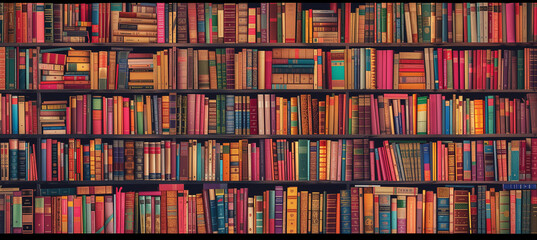 Vibrant full frame bookshelves filled with intellectual knowledge
