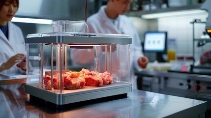 Lab grown meat. Showcasing the future of food with cultured beef in high tech laboratory. Innovative food technology. Sustainable and ethical alternative to traditional meat production. Generative AI - obrazy, fototapety, plakaty