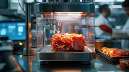 Lab grown meat. Showcasing the future of food with cultured beef in high tech laboratory. Innovative food technology. Sustainable and ethical alternative to traditional meat production. Generative AI