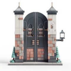 Fototapeta premium Miniature Medieval Castle Gate, on isolated white background, Generative AI