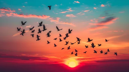 Foto op Canvas Flock of birds takes flight silhouetted against a striking sunset sky, painted with hues of orange, red, and pink. © Old Man Stocker