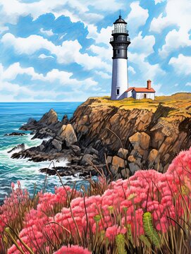 Majestic Cliffside Lighthouses National Park Art Print - Coastal Park Lighthouse, Marine Views