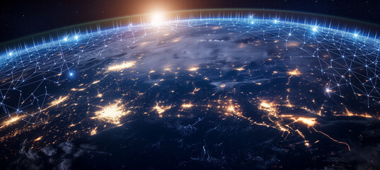 Interconnected communication lines on globe for global reach, online connections