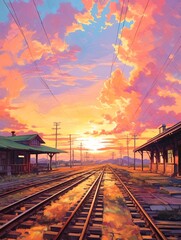 Dawn's Timeless Canvas: Nostalgic Train Station Platforms at Sunset - Vintage Art Print