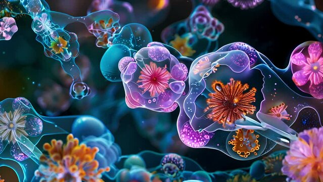 Abstract background of undulating microscopic translucent flowers underwater