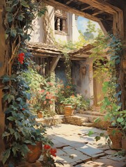 Vintage Painting: Rustic Vine-Covered Valley Courtyards and Scenic Landscapes