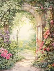Fototapeta na wymiar Secret Garden Portals Watercolor Landscape Vintage Painting Woodland Art Print