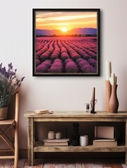 Serene Lavender Farm Sunset Framed Landscape Print - Vintage Nature Art