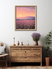 Golden Hour Grace: Serene Lavender Farm Sunsets Vintage Art Print