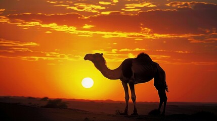 Silhouette of a camel in the desert at sunset.