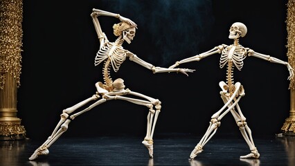 Picture of two skeletons reaching out, creating an eerie connection