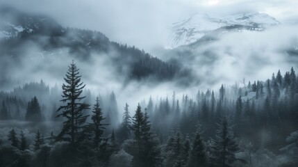 The early morning fog wraps around a lush mountain valley, creating a serene and mystical landscape as the dawn breaks.