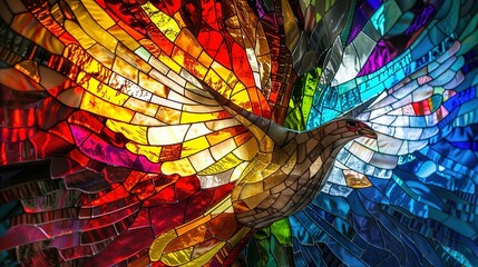 Colorful stained-glass Winged dove, a representation of the New Testament Holy Spirit - obrazy, fototapety, plakaty