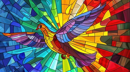 Colorful stained-glass Winged dove, a representation of the New Testament Holy Spirit