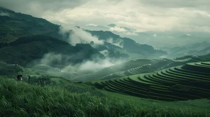 Poster lush green rice paddies adorn terraced fields, stretching into the distance, with mountains towering against a backdrop of white clouds in a blue sky © Matthew