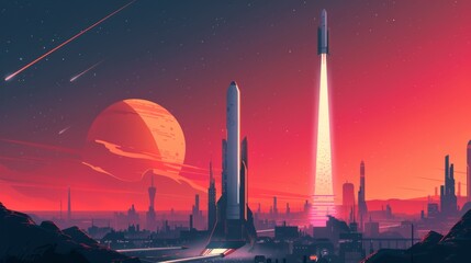 Space travel launch urban city backdrop sleek minimalist rocket design