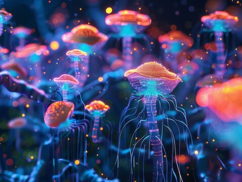 Quantum computing visualization cybernetic mushroom or jellyfish network abstract digital art